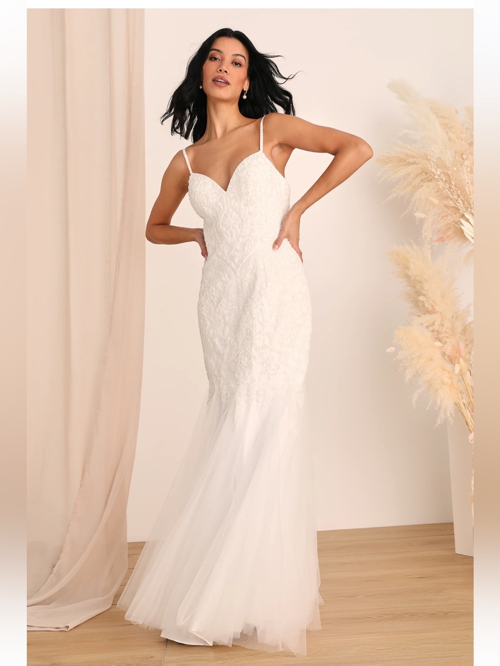 ✨ NWT Lulus Luxe Bridal Dream Romance White Beaded Tulle Trumpet Maxi Dress